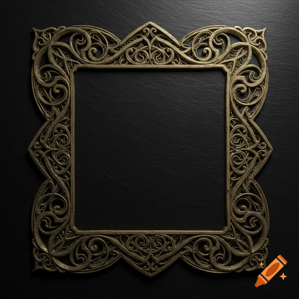 Ornate, metallic filigree frame on a dark stone background.