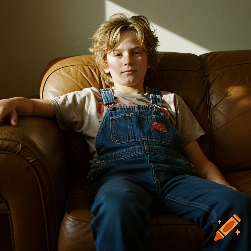 Boy with blond hair in overalls sits on a leather couch in warm window light, vintage photo style.