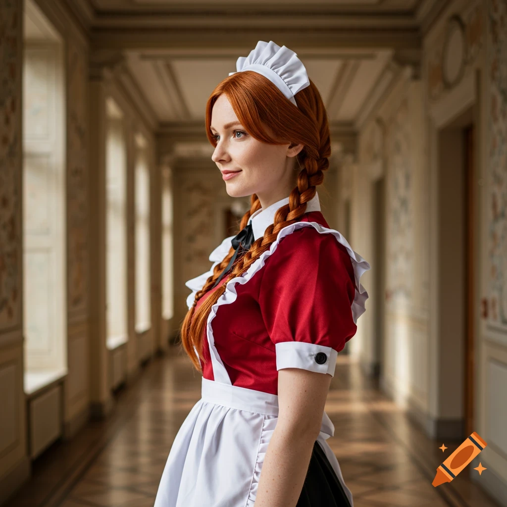 Red-haired woman in a maid outfit standing in a long hallway