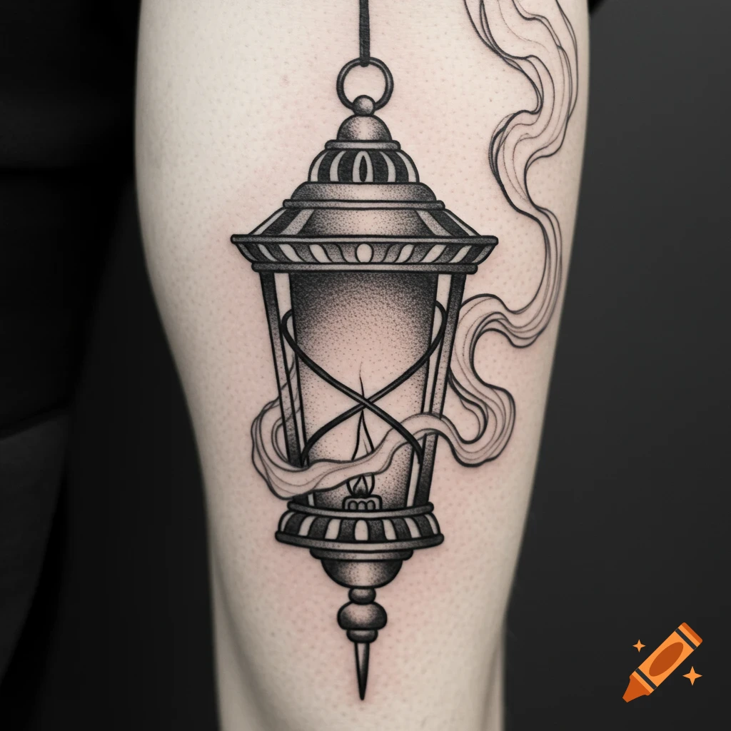Illustrative black ink tattoo of a hanging lantern with smoke