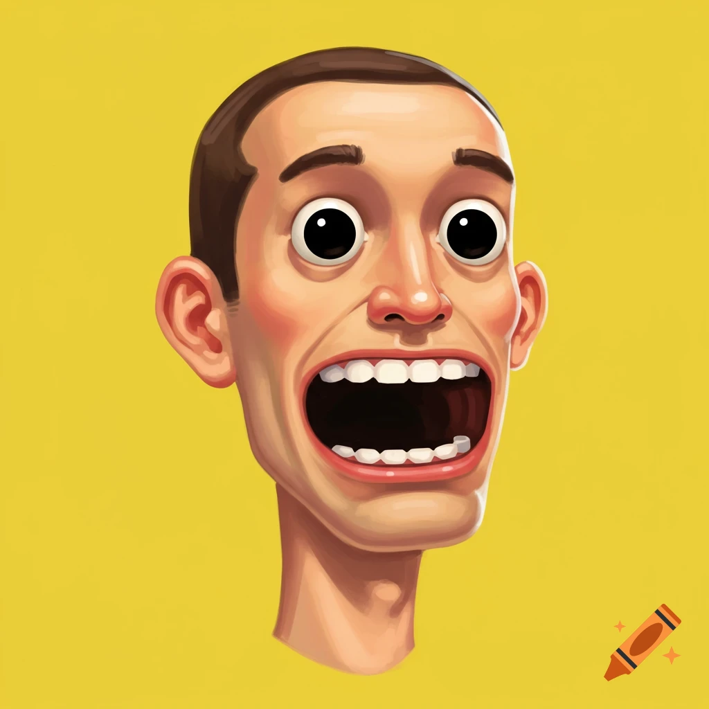 A stylized illustration of a cartoon man with wide eyes and mouth on a yellow background.