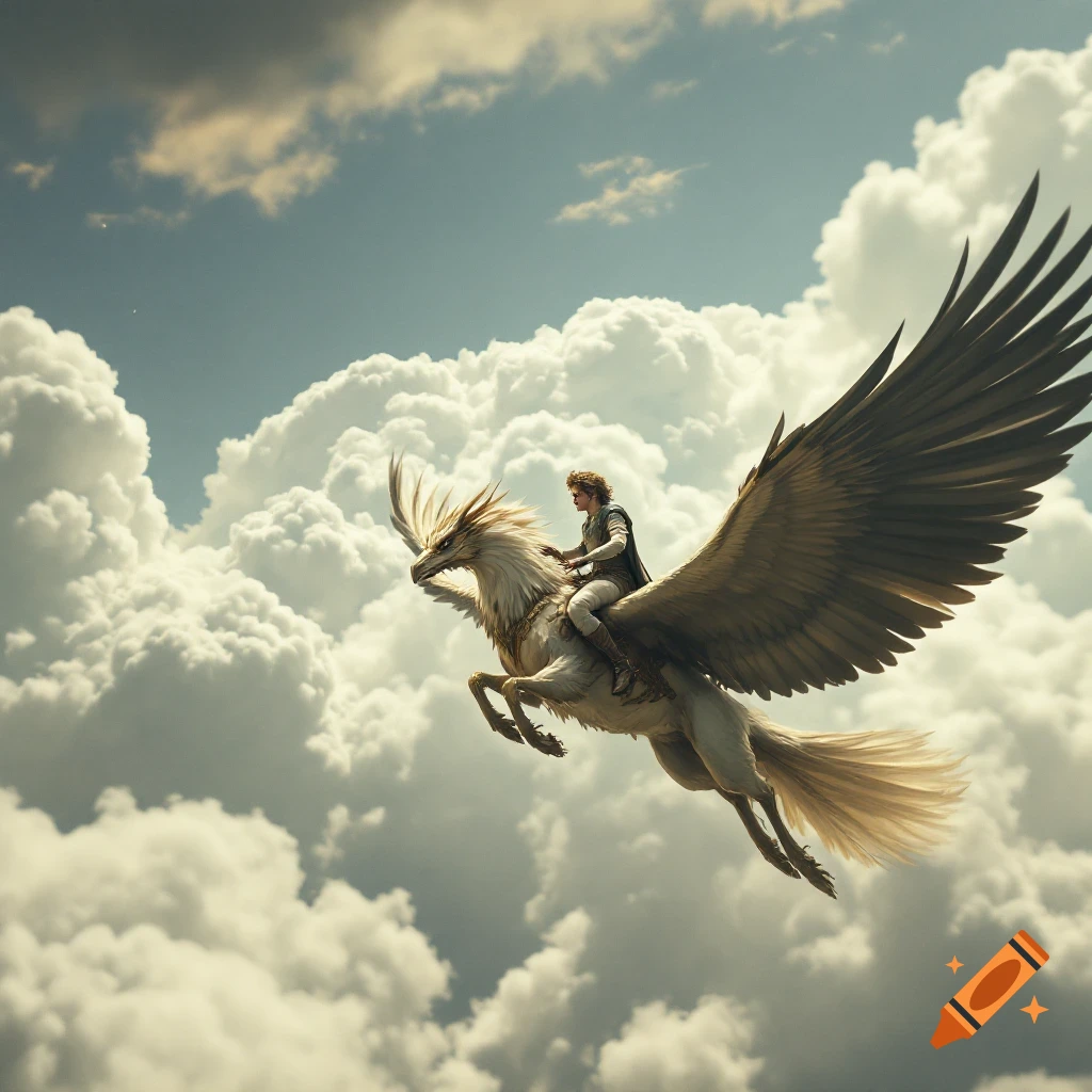 A person rides a grand griffin through cloudy skies, cinematic photo