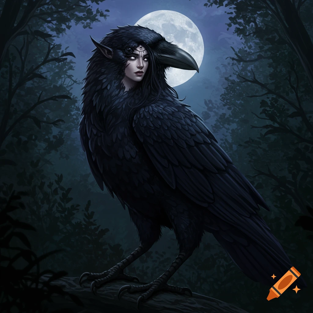 A half woman, half crow creature is perched on a branch in a dark forest under a full moon.