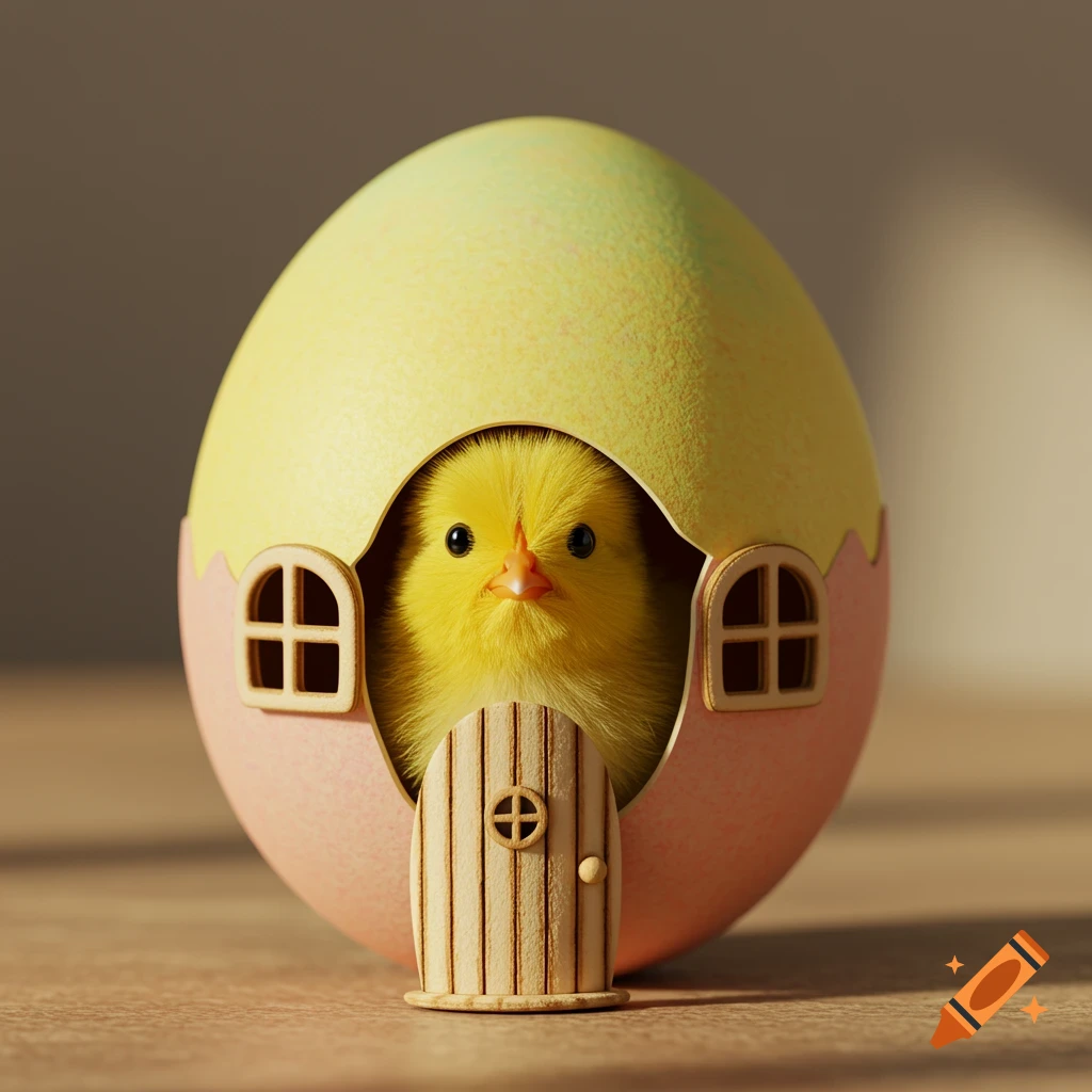 A fluffy yellow chick peeking from an Easter egg house with a door and windows.
