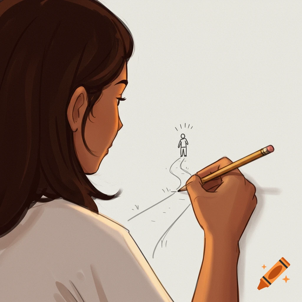 A digital drawing of a person's hand drawing a winding path towards a small figure with a pencil.
