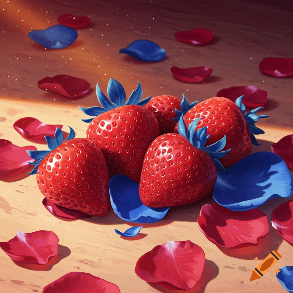 Red strawberries with blue leaves are on a surface with scattered red and blue petals, lit by sunshine.