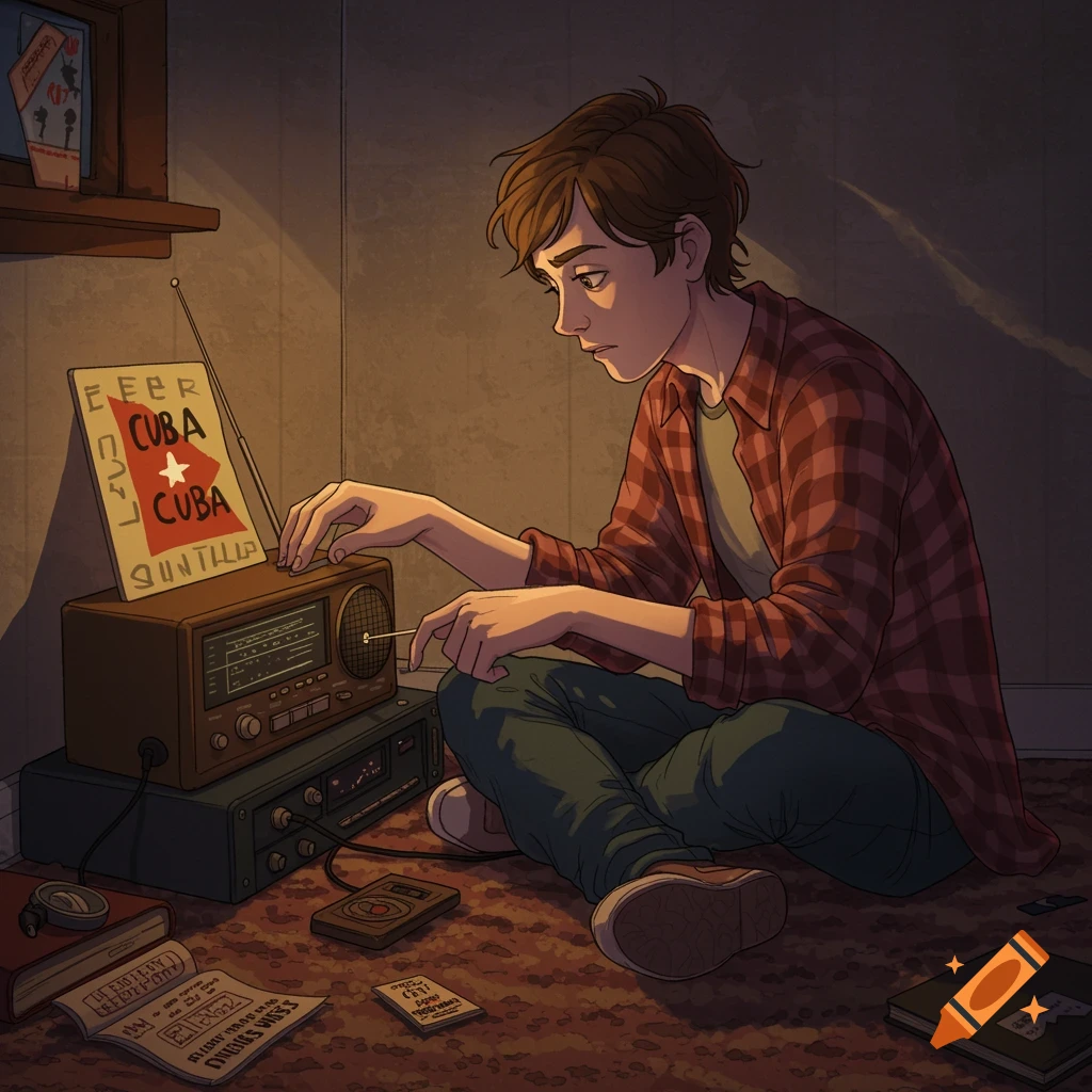 A young person sits on the floor, tuning a radio.