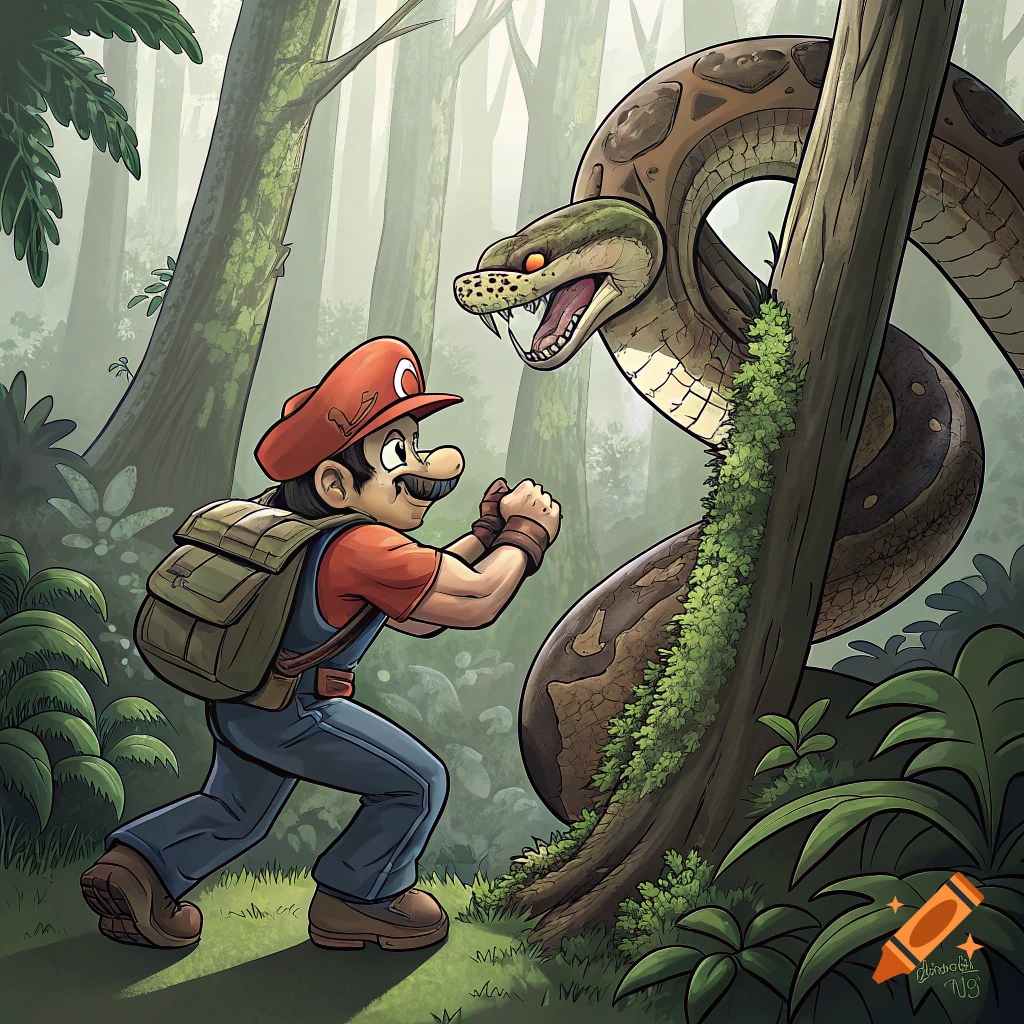 Cartoon illustration of Super Mario facing a giant snake in a jungle.