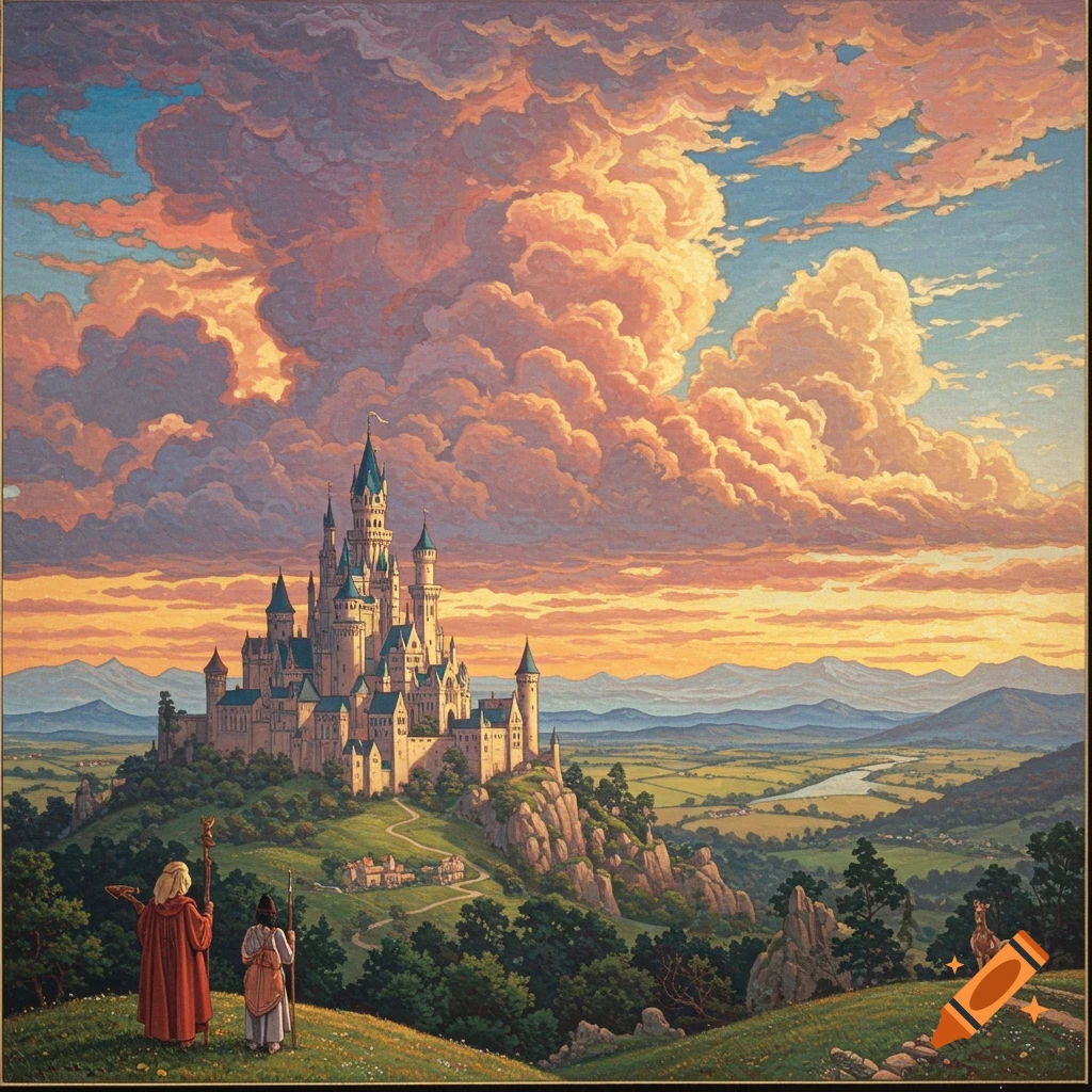 A detailed painting in the style of Maxfield Parrish showing a large fantasy castle on a hill under dramatic, colorful clouds. Two figures stand in the foreground.
