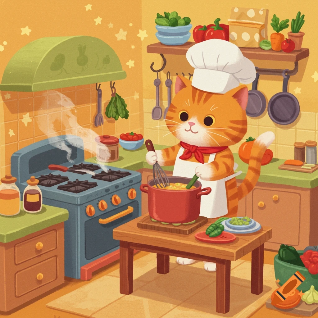 Cartoon illustration of a cat wearing a chef hat and apron, cooking in a kitchen.