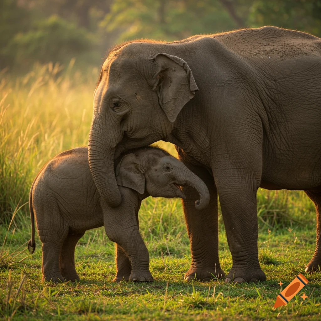 A mother elephant gently nuzzles her baby elephant in a grassy field during golden hour light.