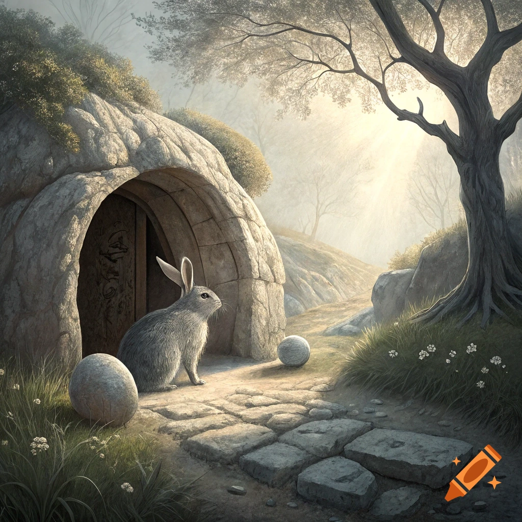 A grey rabbit sits outside a stone tomb entrance with large stone eggs nearby.