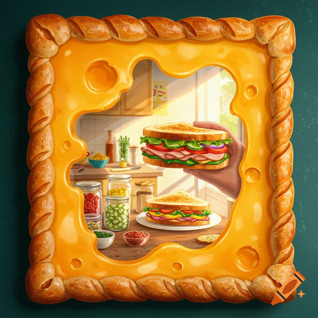 A golden cheese-shaped frame with a bread border, reflecting a kitchen scene with sandwiches.