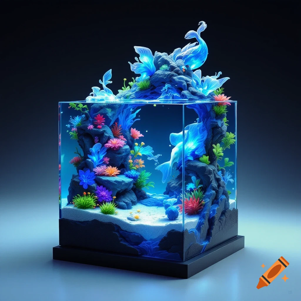 Detailed digital art of a glowing polyresin aquarium sculpture with blue light, colorful coral, and rocks.
