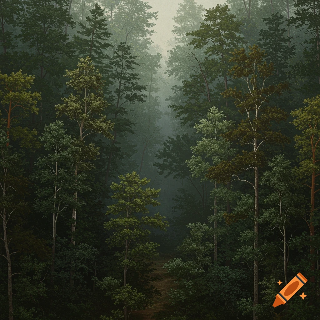 A detailed painting of a dense, misty forest with tall trees and a narrow path leading into the distance.