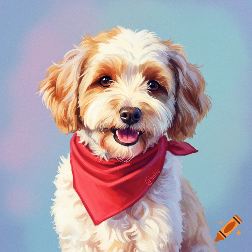 A cute Australian Labradoodle dog wearing a red bandana.