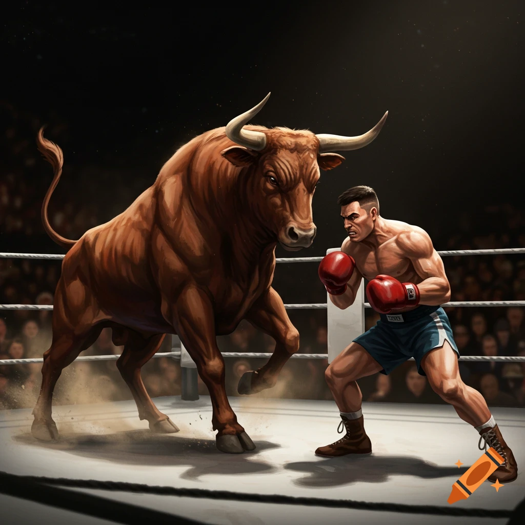A boxer faces off against a bull in a ring.