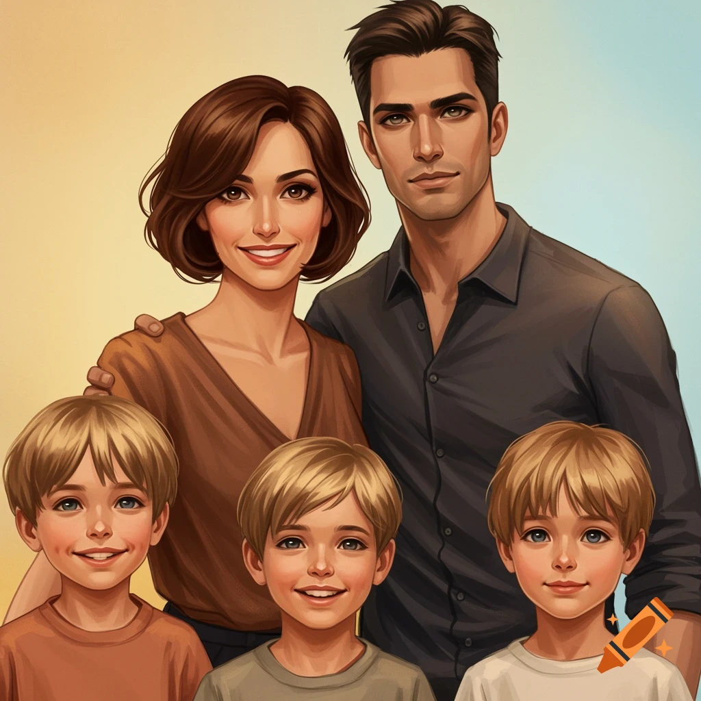 A family portrait of a mother, father, and three young sons.