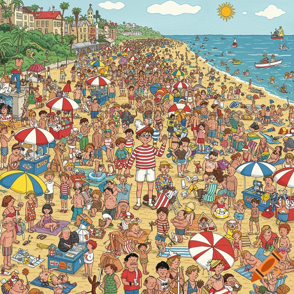 A detailed illustration of a crowded beach scene in the Where's Waldo style, with many people, umbrellas, and beach activities.