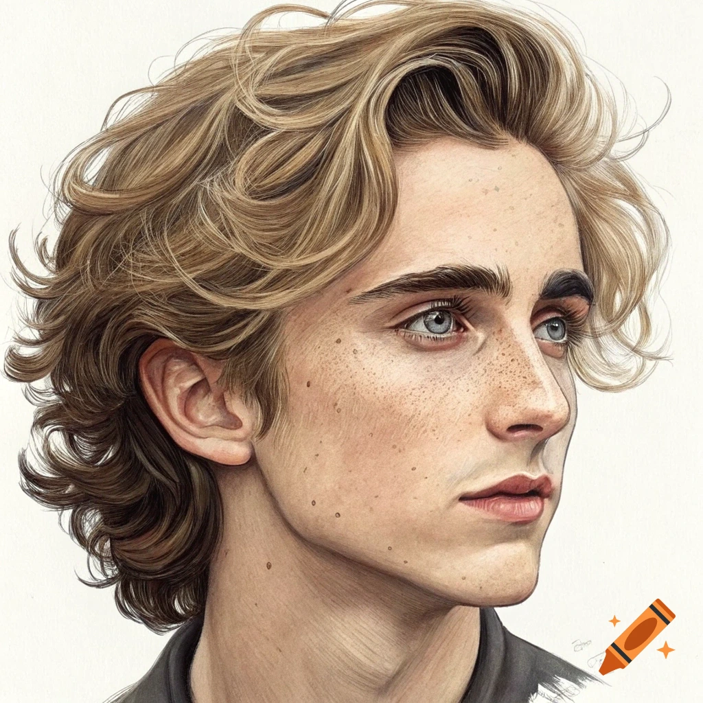 Illustration portrait of a young man with wavy sandy blonde hair, blue eyes, and subtle freckles.