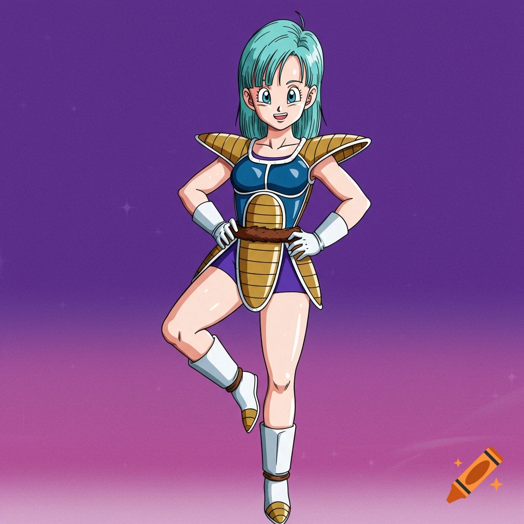 Anime drawing of Bulma from Dragon Ball in Saiyan armor posing against a purple background.