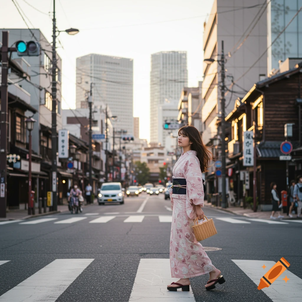 A woman in a pink kimono crosses a street in a Japanese city with buildings and traffic in the background, photorealistic style.