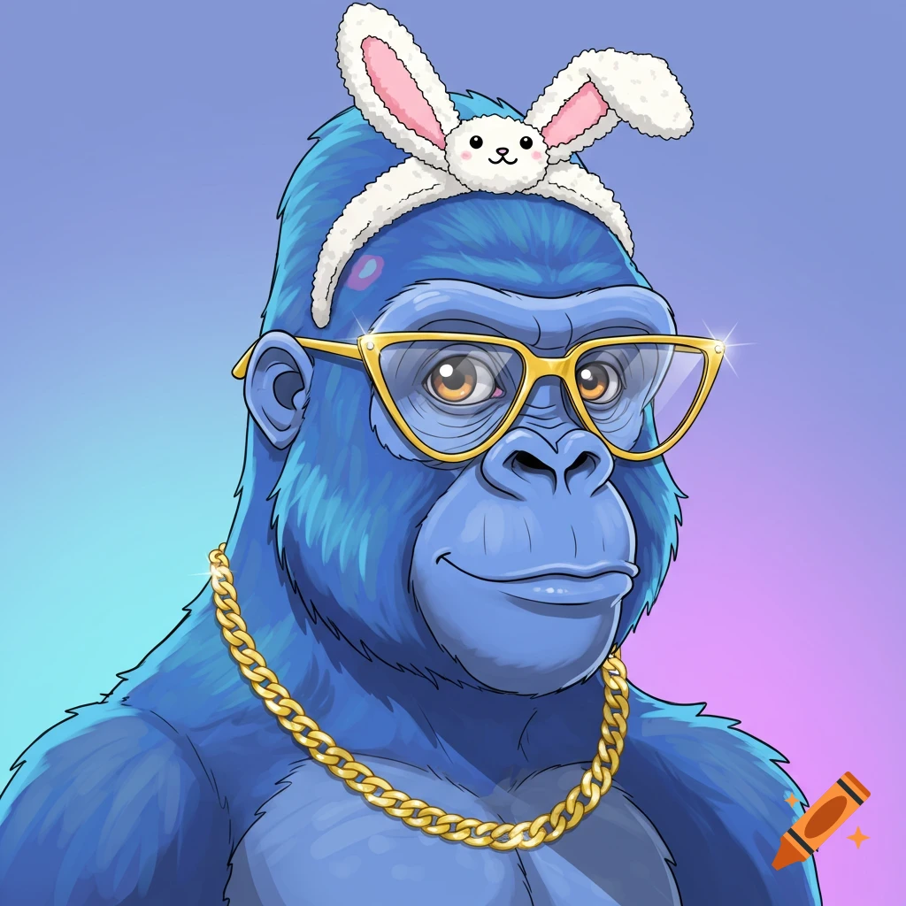 A blue cartoon gorilla wearing a bunny headband, yellow glasses, and a gold chain.