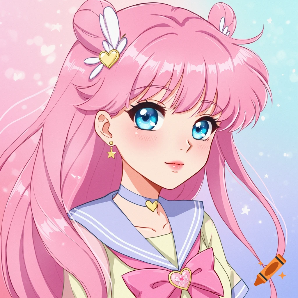 Anime illustration of a girl with pink hair and blue eyes in a school uniform.