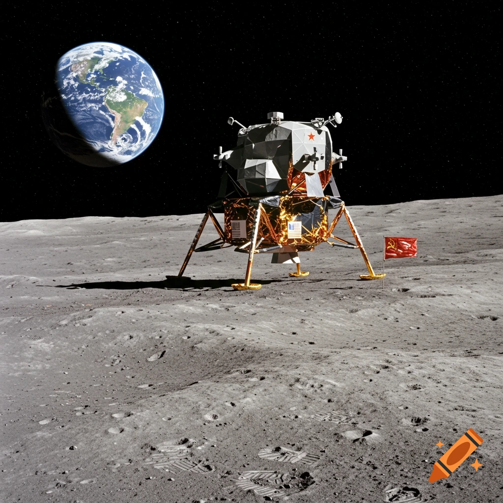 A lunar lander with a Soviet flag planted on the moon surface, with Earth visible in the background.