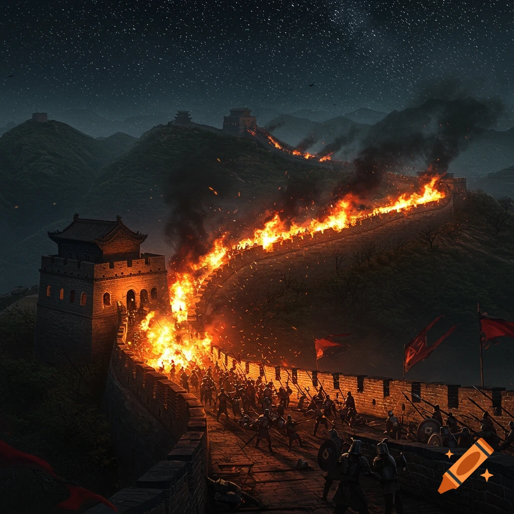 A fiery battle rages on the Great Wall of China under a star-filled night sky.