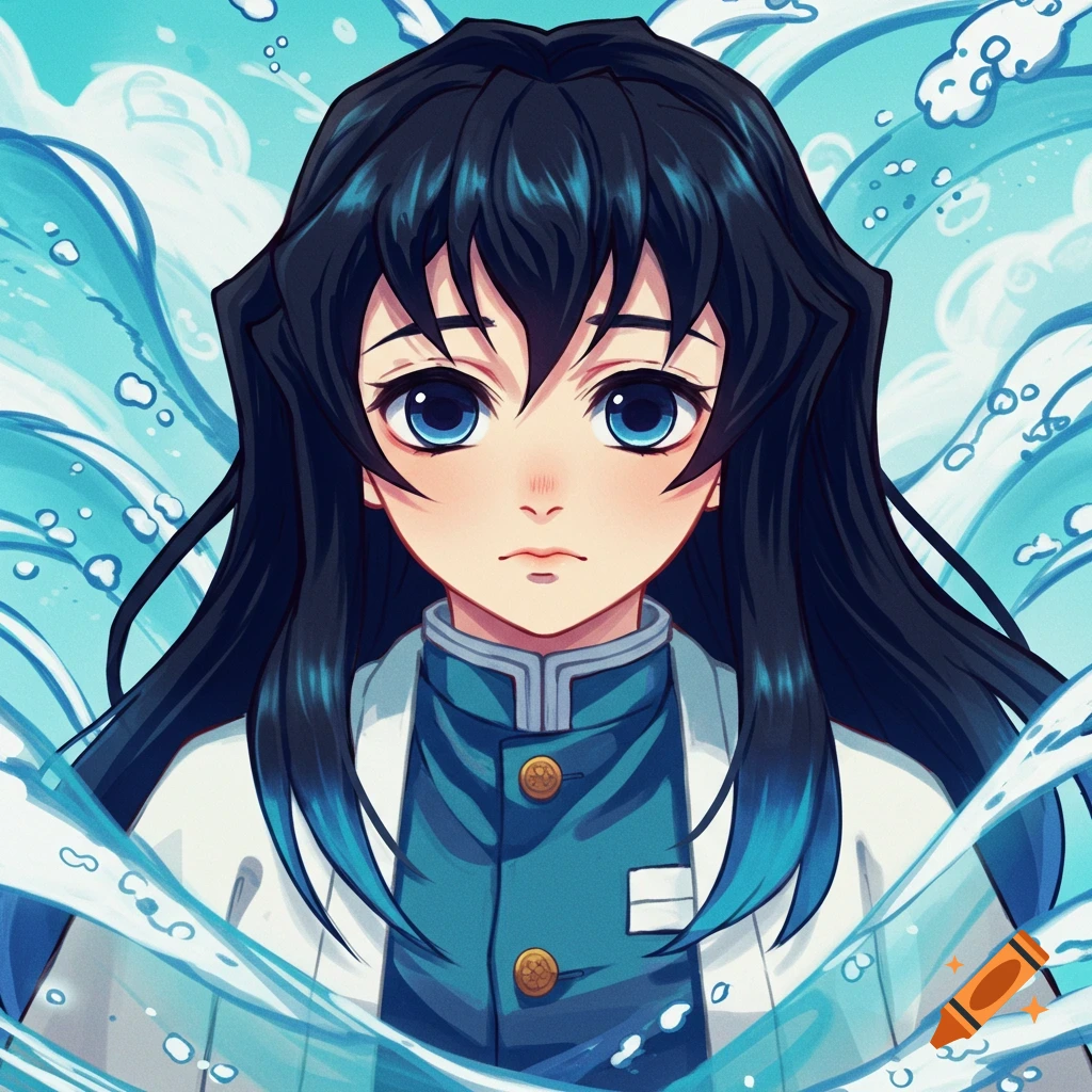 Anime portrait of Muichiro, a young man with long black hair and blue eyes, wearing a white and teal uniform, surrounded by swirling blue water.