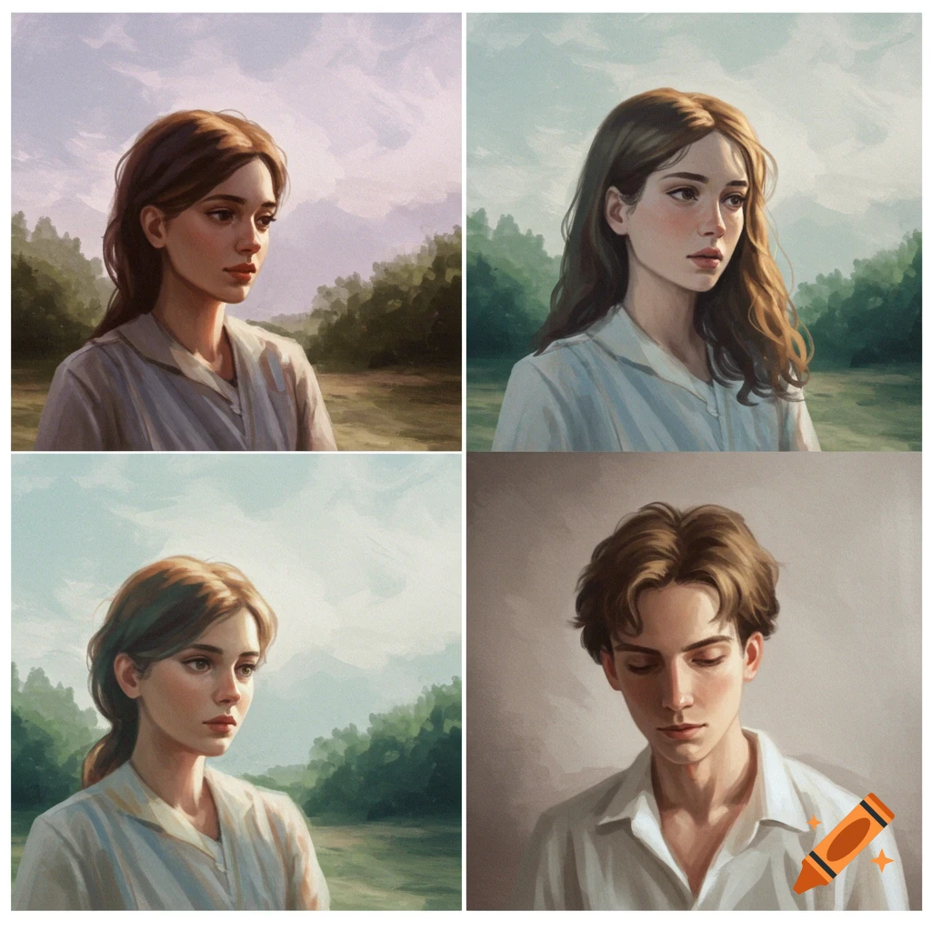 Four portraits of young people in a landscape.