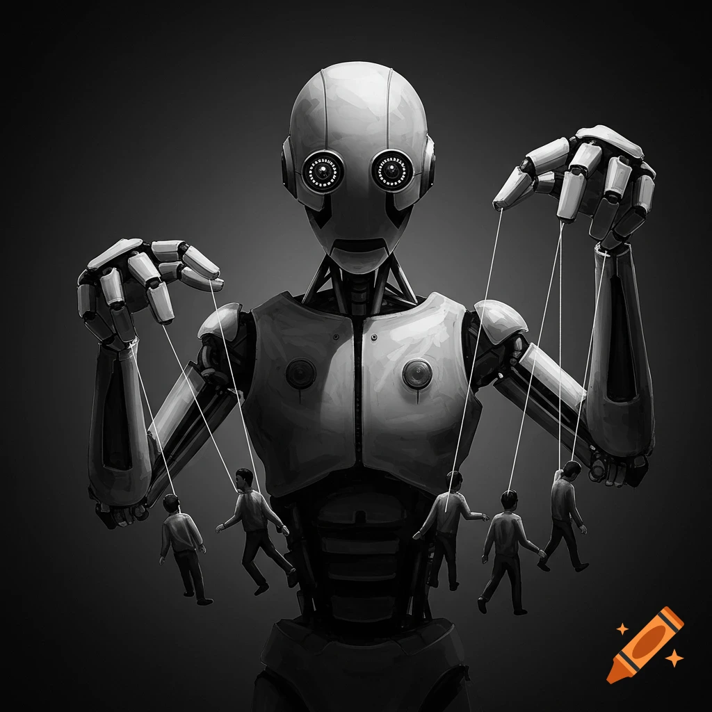 Monochrome image of a robot puppeteer controlling several human figures with strings.