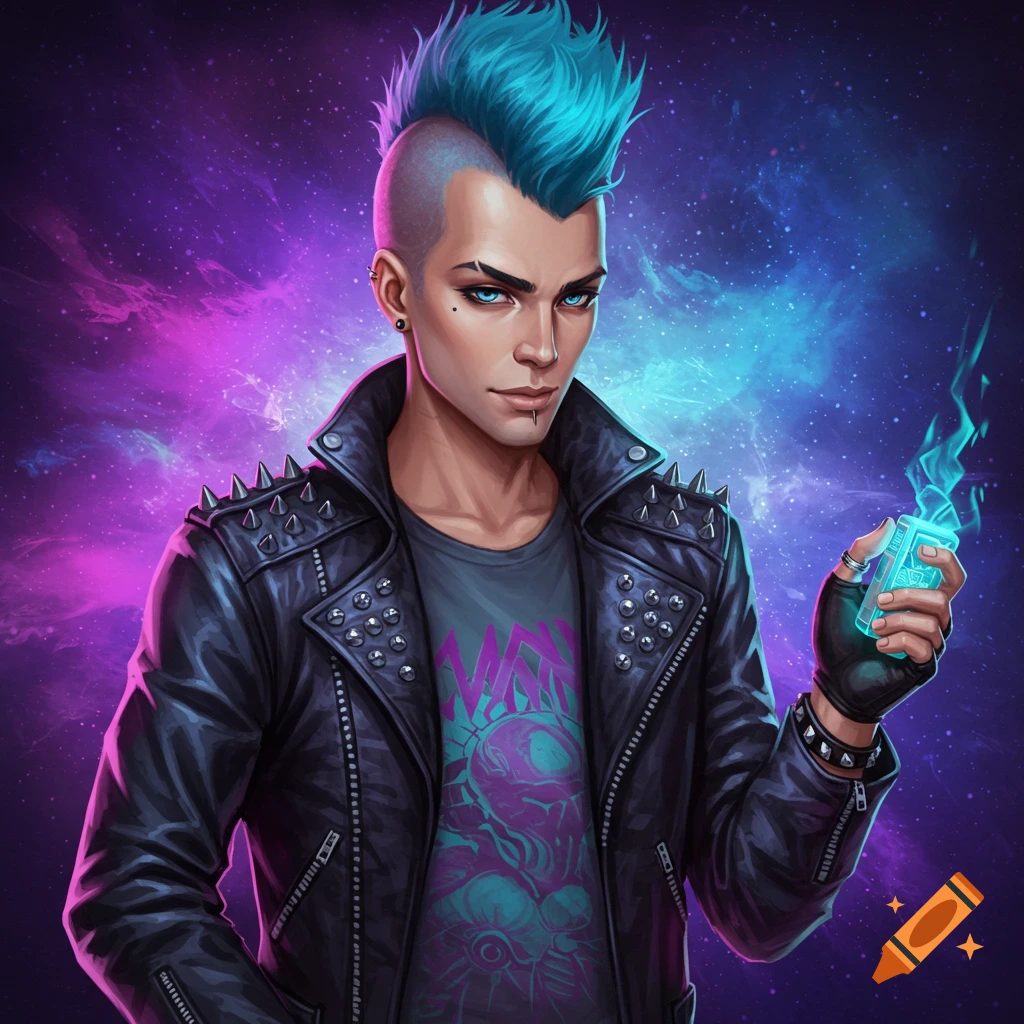 A punk man with a blue mohawk and studded jacket holds a glowing object against a nebula background.
