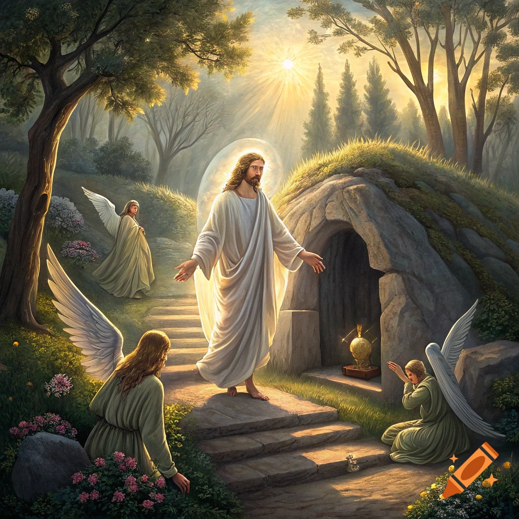 Jesus emerges from a tomb, bathed in light, with angels present, in a garden