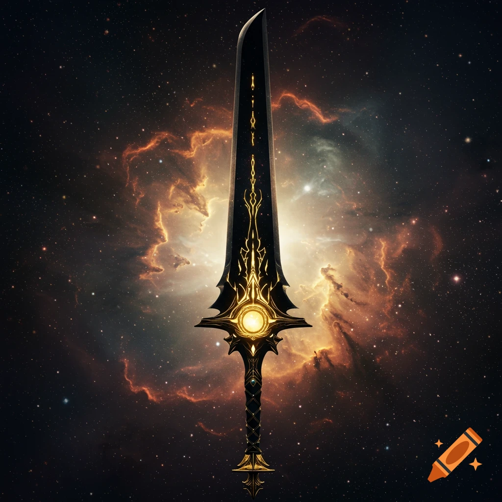 A black and gold fantasy sword is positioned against a space nebula background.