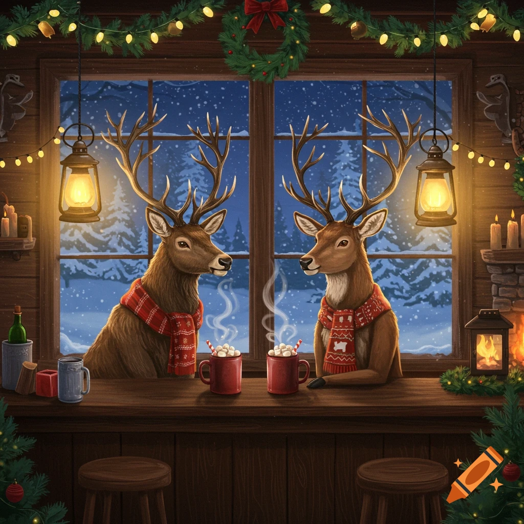 Two reindeer drinking hot chocolate at a rustic bar decorated for Christmas on a winter night.
