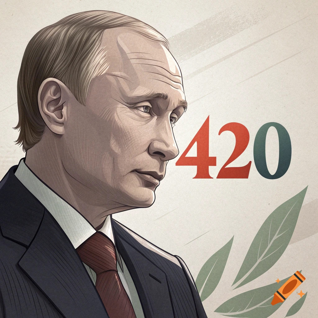 Illustration of Vladimir Putin next to the numbers 420 and leaves