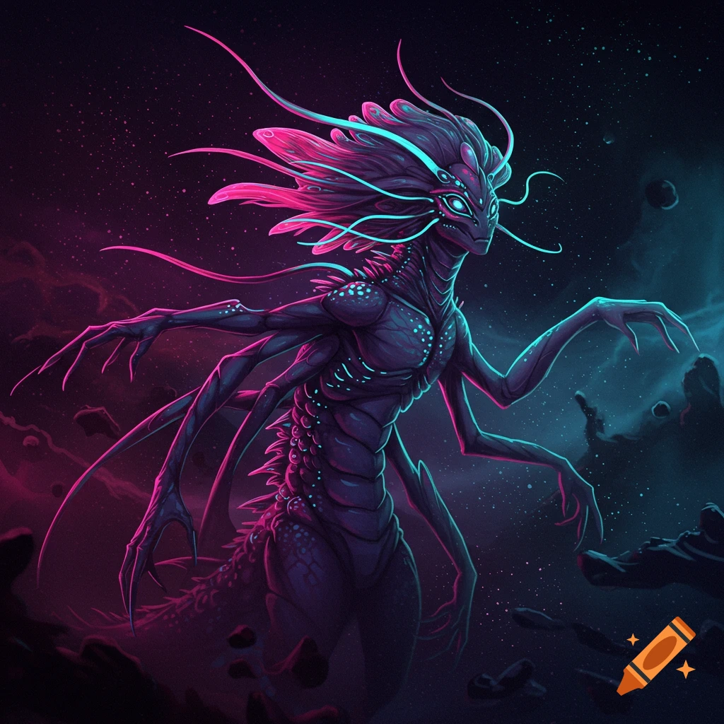 A multi-limbed alien creature is shown in a starry space background with pink and blue lighting.