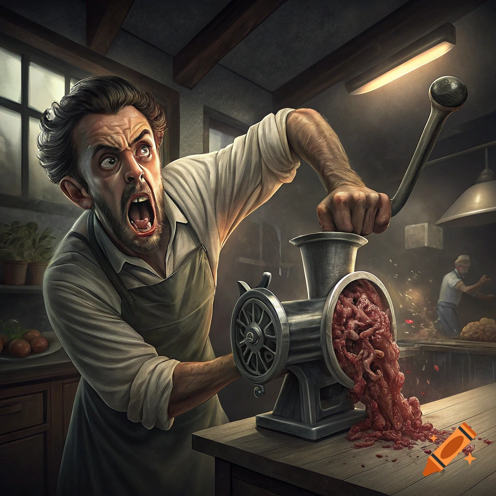 Illustrative image of a screaming man grinding bloody meat in a meat grinder in a dark kitchen.