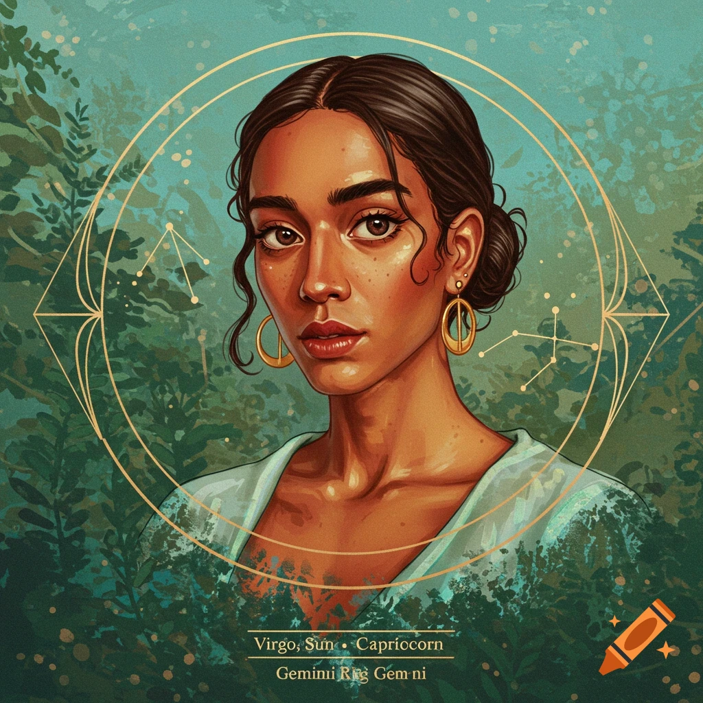 Portrait of a woman surrounded by astrological symbols and nature