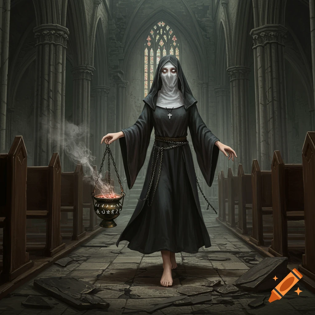 A mysterious figure in a nun's habit with a veiled face walks barefoot through a ruined gothic church, holding a censer.