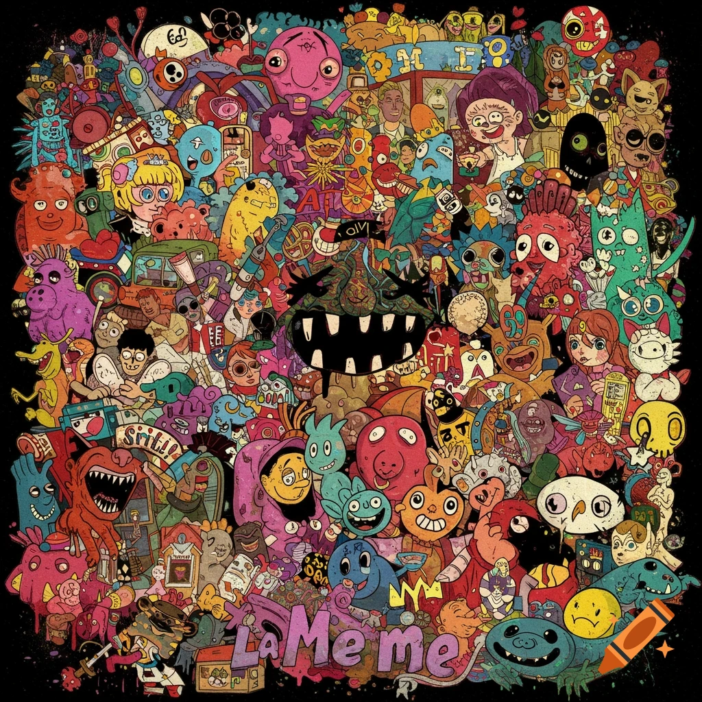 A chaotic, colorful digital illustration filled with many cartoon monsters and characters in a doodle style, with text that says "LA Meme me".