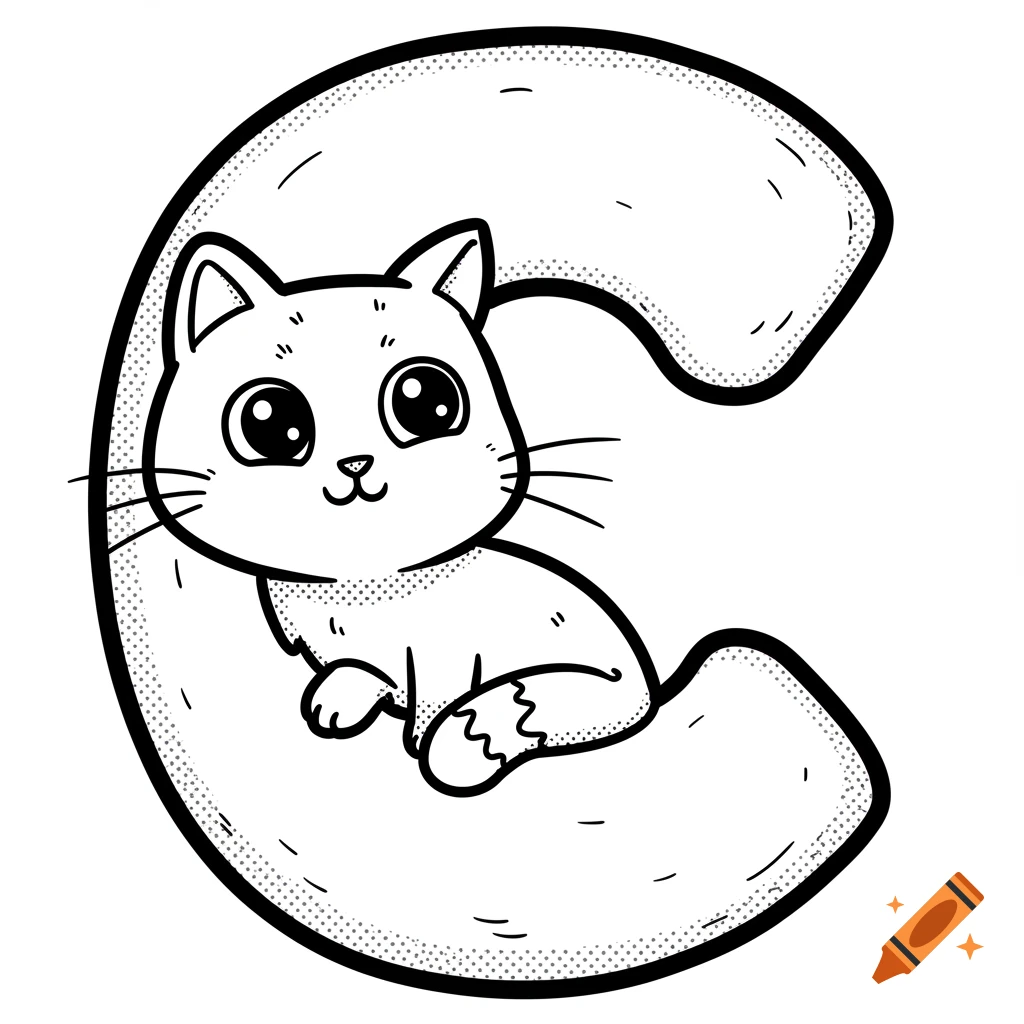 Cartoon cat sits inside the letter C, simple black and white line art