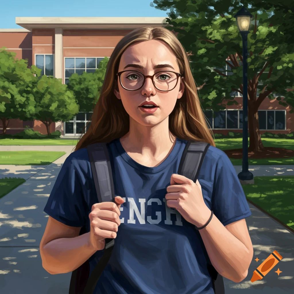 A young woman with glasses and a backpack standing on a college campus path.