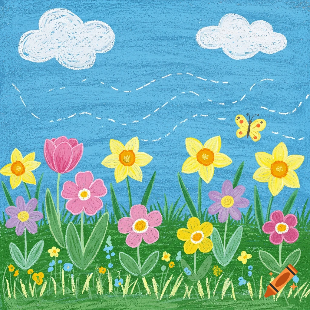 Chalk drawing of a spring field with colorful flowers, green grass, clouds, and a butterfly.