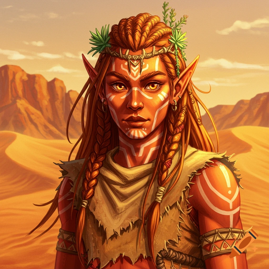 Painted portrait of a female elf with face paint and braids in a desert landscape.