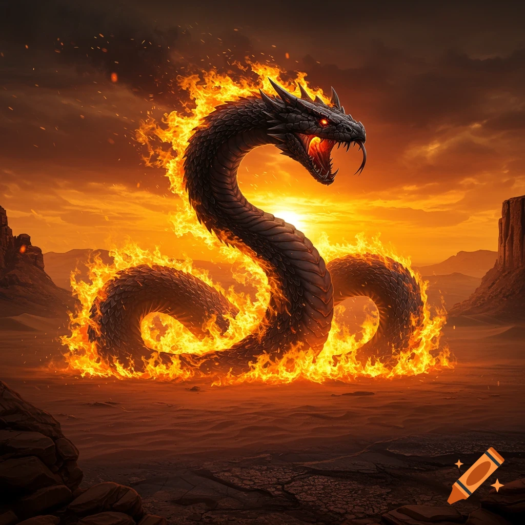 A large black serpent engulfed in fire in a desert at sunset.