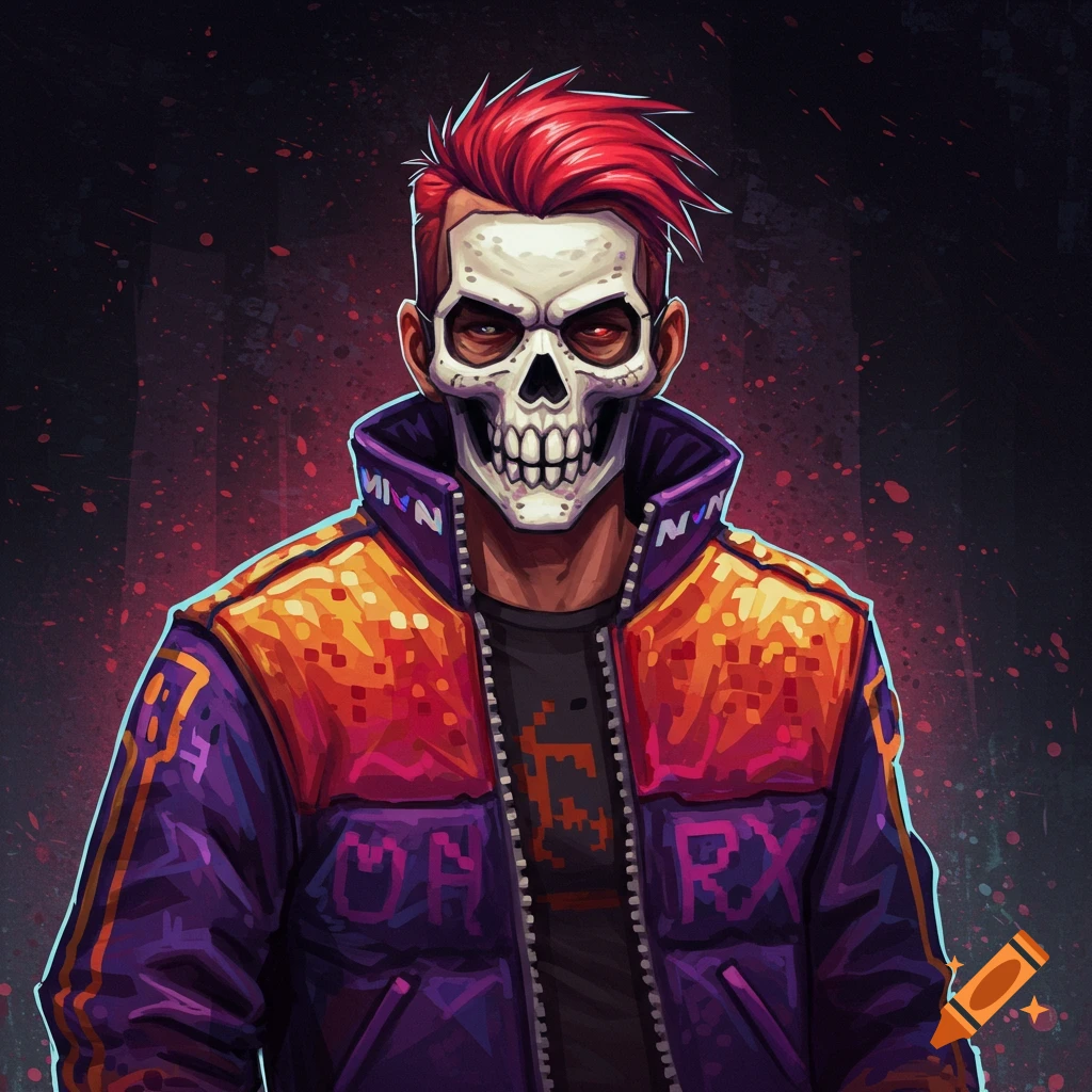A character wearing a skull mask and a colorful, pixelated jacket.