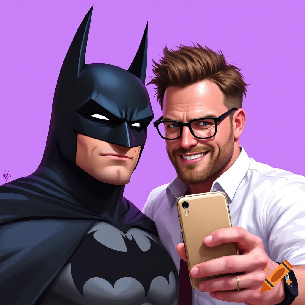 A picture of Batman and a man smiling and taking a selfie.